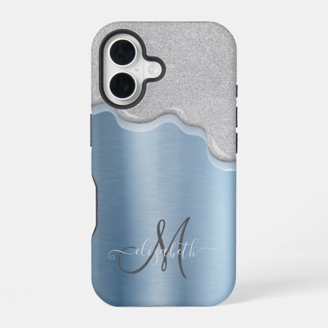 Coque iPhone 16 Lecteurs d'argent Monogramme bleu métallique (Verso)