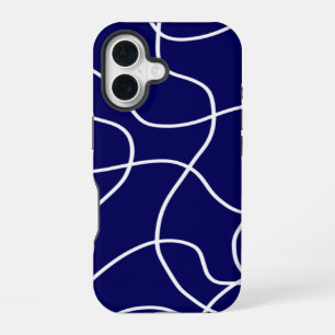 Coque iPhone 16 Ligne Art : Blanc sur Bleu foncé