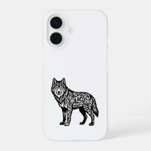 Coque iPhone 16 Loup tribal ornemental avec des volutes décorative