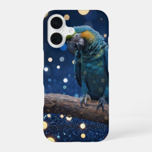 Coque iPhone 16 Majesté Bleue : L'Ara Bleu Sur Un Flou Gaufré Bleu