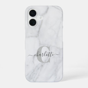 Coque iPhone 16 Marbre Blanc et Gris Monogramme Personnalisé