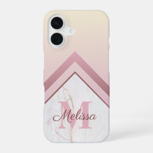 Coque iPhone 16 Marbre géométrique Monogramme or Rose