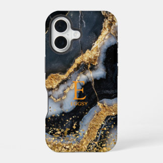 Coque iPhone 16 Marbre noir chic monogramme paillettes dorées