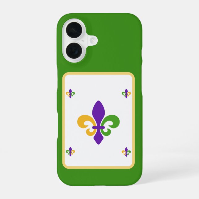 Coque iPhone 16 Mardi Gras Green Gold Purple Fleur de Lis (Verso)