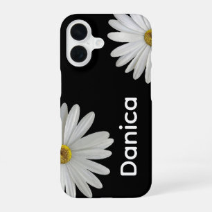 Coque iPhone 16 Marguerites blanches sur fond noir