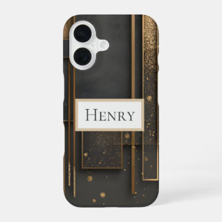 Coque iPhone 16 Marron foncé et géométrique doré