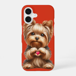 Coque iPhone 16 Mignon Terrier du Yorkshire Cœur Mains Rouge