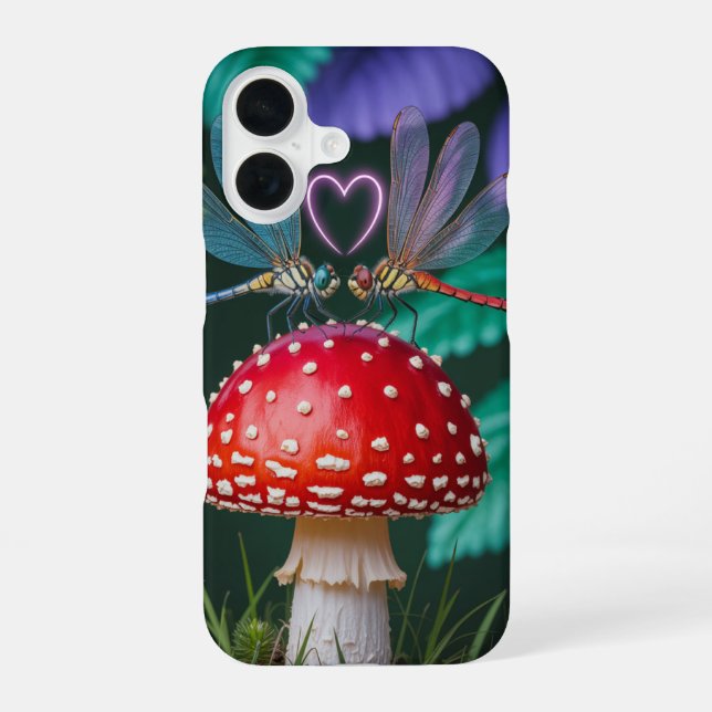 Coque iPhone 16 Mignonnes libellules sur un champignon - (Verso)