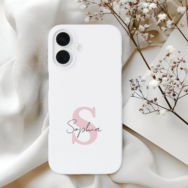 Coque iPhone 16 Minimalist Script Name and Pink Monogram Initial (Créateur téléchargé)