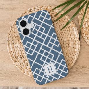 Coque iPhone 16 Monogramme à motif en treillis de bambou bleu pous