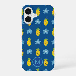 Coque iPhone 16 Monogramme Ananas et Fleurs Bleues