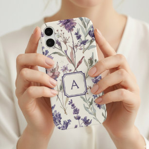 Coque iPhone 16 Monogramme aquarelle lavande de fleur sauvage 