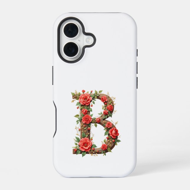 Coque iPhone 16 Monogramme B avec fleurs (Verso)