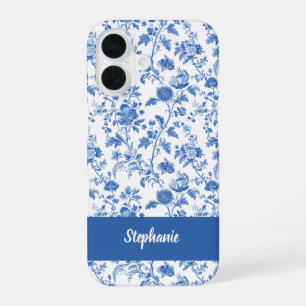 Coque iPhone 16 Monogramme de nom floral vintage bleu blanc