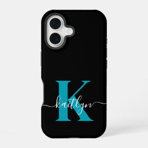 Coque iPhone 16 Monogramme de script sarcelle noir moderne