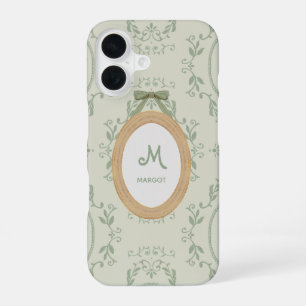 Coque iPhone 16 Monogramme de style cottage anglais vert sauge vin