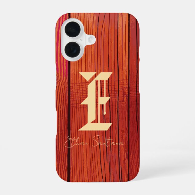 Coque iPhone 16 Monogramme de texture de bois rustique (Verso)