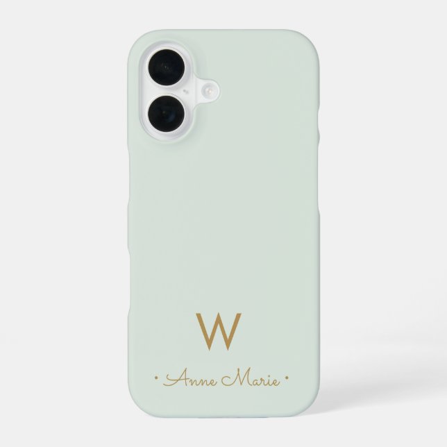 Coque iPhone 16 Monogramme d'or moderne Sage Green (Verso)