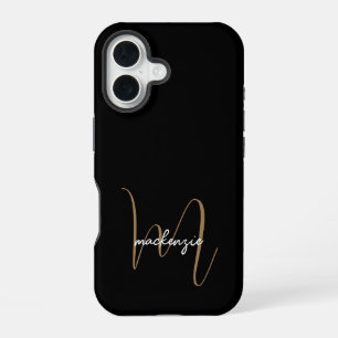 Coque iPhone 16 Monogramme d'or noir moderne Nom du script féminin