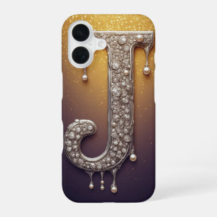 Coque iPhone 16 Monogramme lettre J de luxe en or diamanté perle