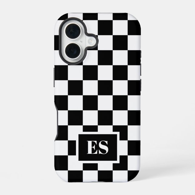 Coque iPhone 16 Monogramme noir blanc À damiers Motif (Verso)