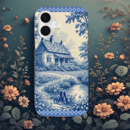 Coque iPhone 16 Monogramme Rustique Cottage Toile de Jouy Bleu Rom