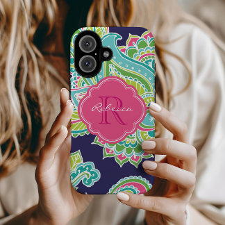 Coque iPhone 16 Monogramme sur mesure de la marine Bohemian Paisle
