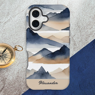 Coque iPhone 16 Montagnes Aquarelles Nom Personnalisé