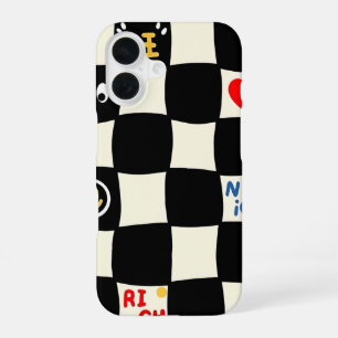 Coque iPhone 16 Motif à carreaux ondulé rétro avec icônes gribouil