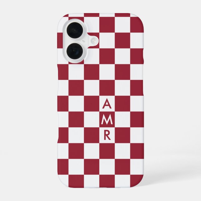 Coque iPhone 16 Motif À damiers blanc rouge avec Monogram (Verso)