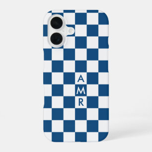 Coque iPhone 16 Motif À damiers bleu blanc avec Monogramme