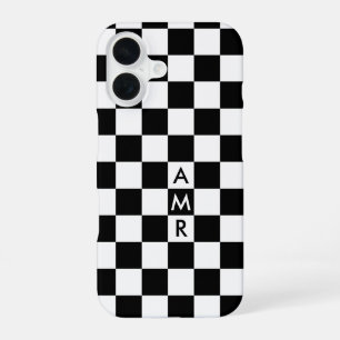 Coque iPhone 16 Motif À damiers noir blanc avec Monogramme