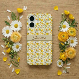 Coque iPhone 16 Motif de fleurs sauvages jaunes Monogramme Nom
