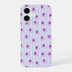 Coque iPhone 16 motif de marguerite rayée de bleu et de violet