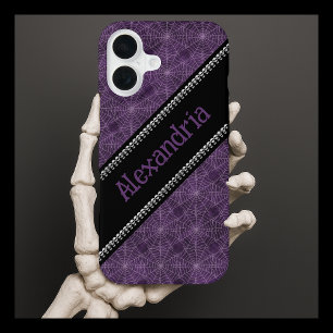 Coque iPhone 16 Motif de toile d'araignée violette avec nom person