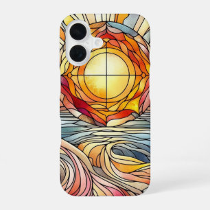 Coque iPhone 16 Motif de vitrail Coucher de soleil sur l'océan