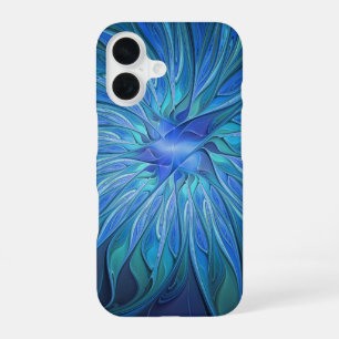 Coque iPhone 16 Motif fantaisie de fleur bleue, art fractal abstra