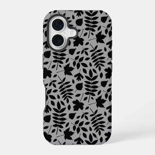 Coque iPhone 16 Motif Feuille tombé noir sur gris (Verso)