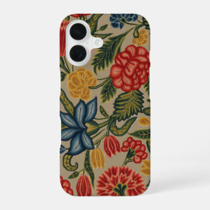 Coque iPhone 16 Motif floral au point de crewel rouge et or vintag
