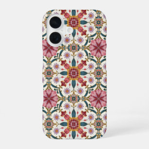 Coque iPhone 16 Motif Floral Boho en Rouge, Rose et Turquoise