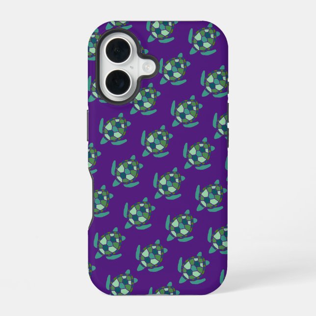Coque iPhone 16 Motif mignon pourpre et vert de tortue marine (Verso)