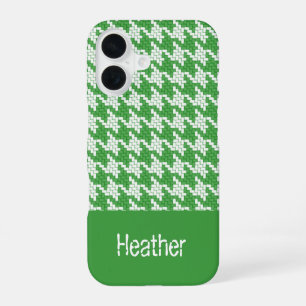Coque iPhone 16 Motif pied-de-poule vert foncé et blanc avec monog