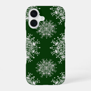 Coque iPhone 16 Motif tempête de neige verte flocon de Noël vintag