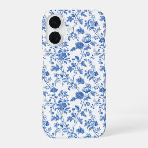 Coque iPhone 16 Motif Toile Floral Vintage Bleu Blanc