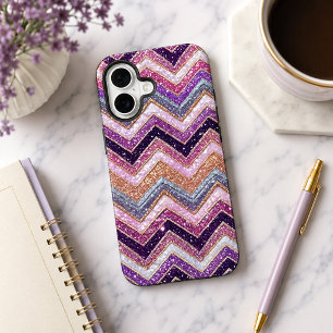 Coque iPhone 16 Motif zigzag violet et rose scintillant