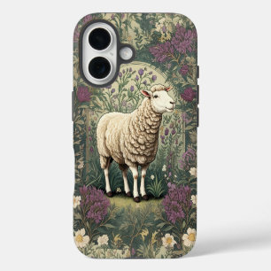 Coque iPhone 16 Mouton élégant Fond floral de lavande