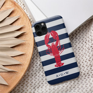 Coque iPhone 16 Nautical Preppy Rayure Navy & Homard Monogramme