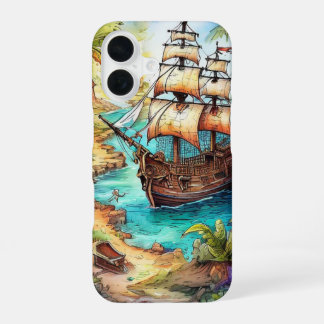 Coque iPhone 16 Navire pirate arrivant sur une île tropicale