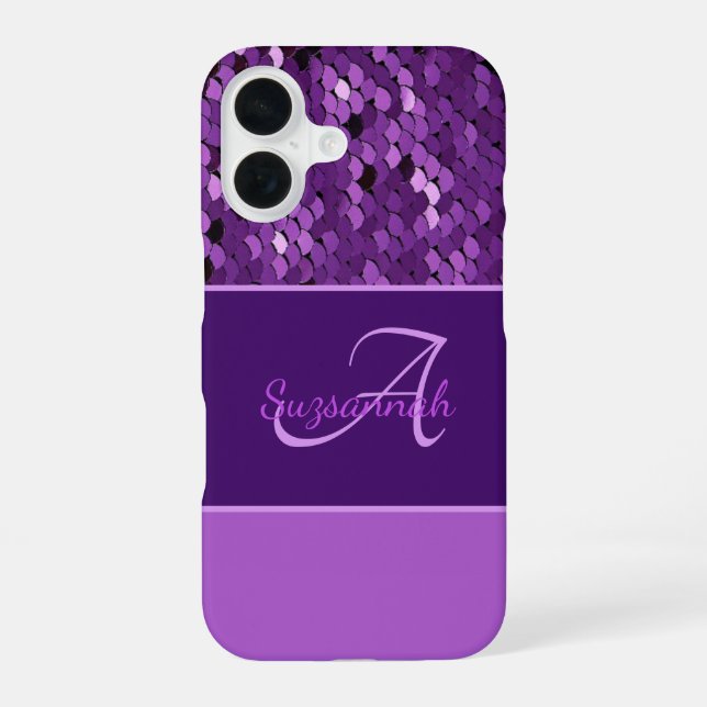 Coque iPhone 16 Nom du monogramme personnalisé Séquines violettes  (Verso)