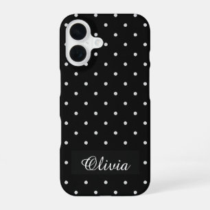 Coque iPhone 16 Nom personnalisé à pois noir et blanc